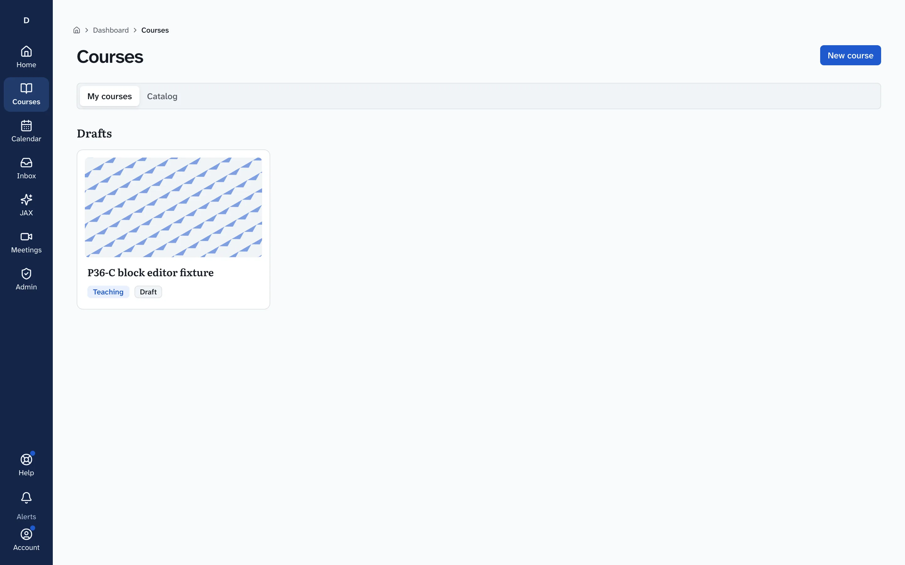 The courses page in Drivia Learn, with a draft course this teacher is building and the New course button.