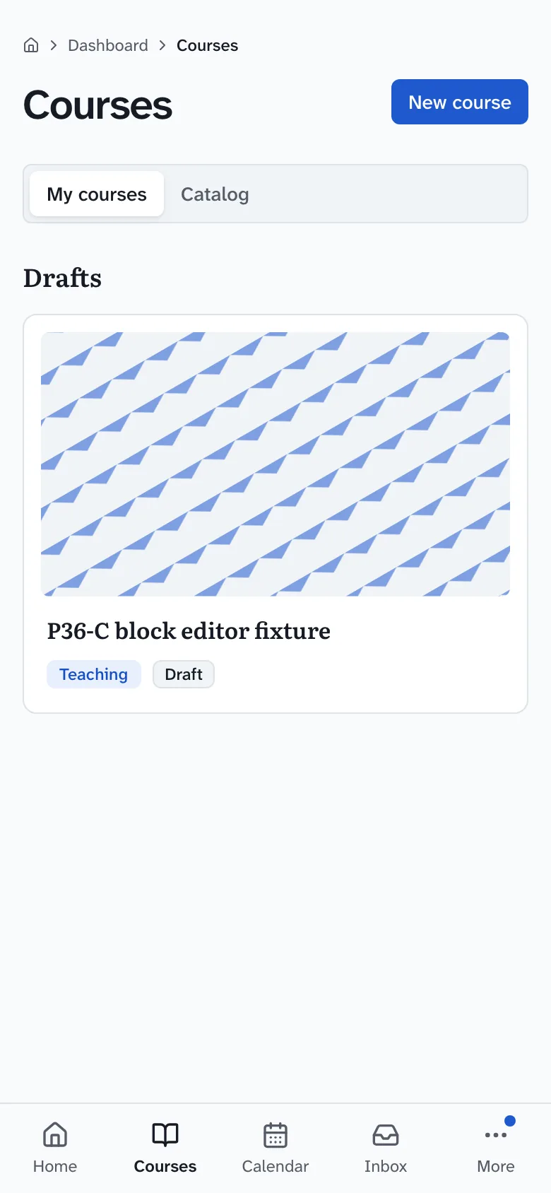The courses page in Drivia Learn, with a draft course this teacher is building and the New course button.