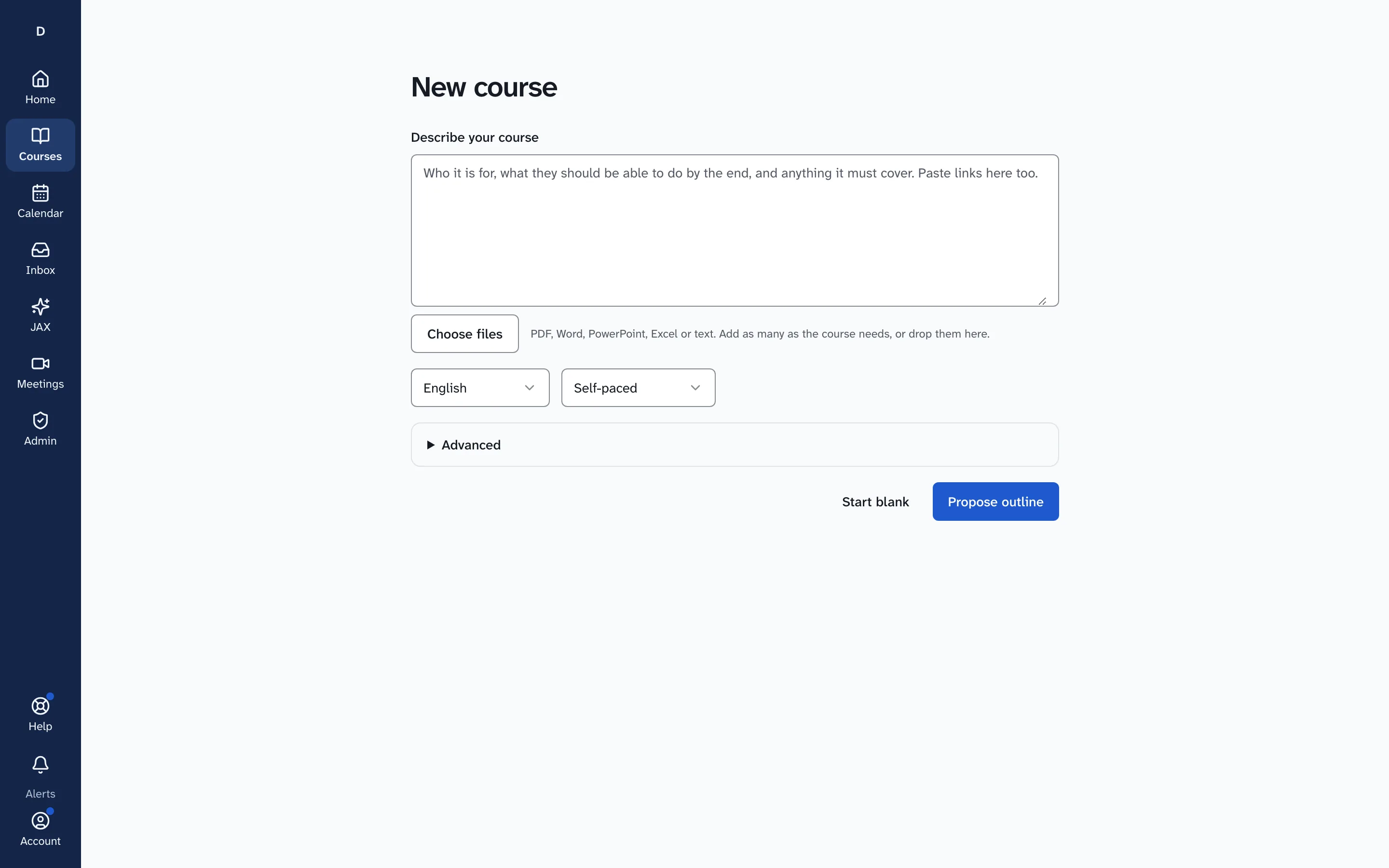 The new course screen in Drivia Learn, asking for the course name and how to start building it.