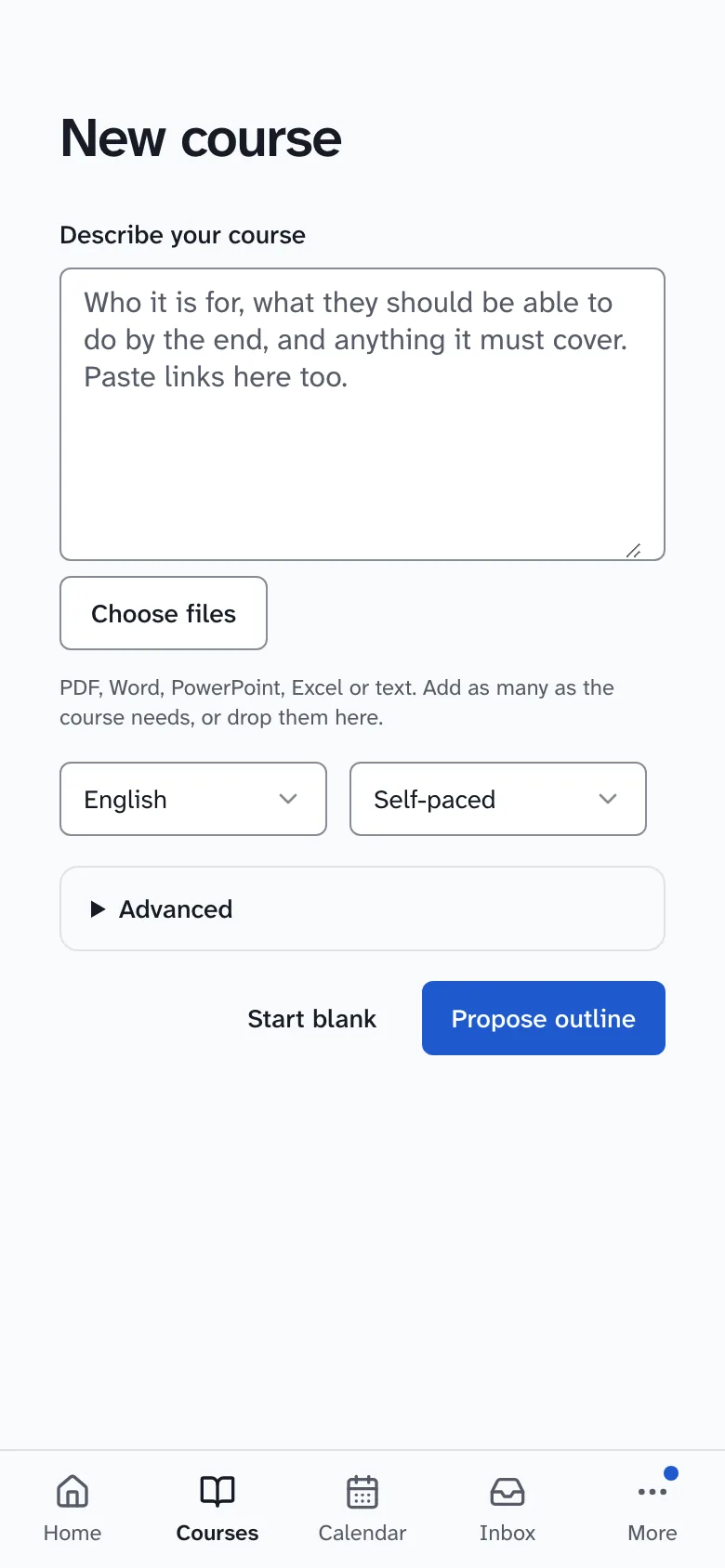 The new course screen in Drivia Learn, asking for the course name and how to start building it.