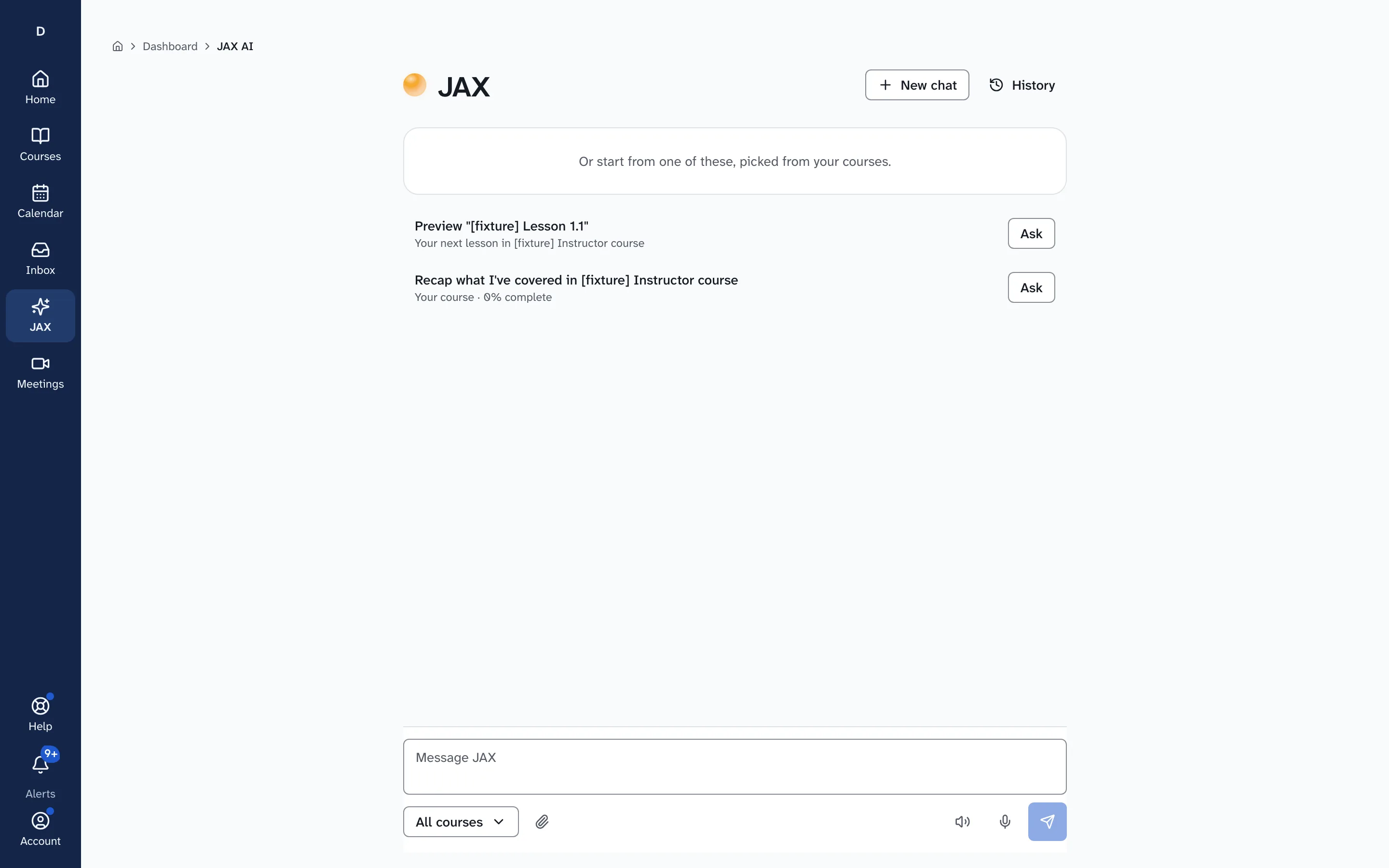 The JAX tutor page in Drivia Learn, with suggested questions from the learner's courses and a message box.