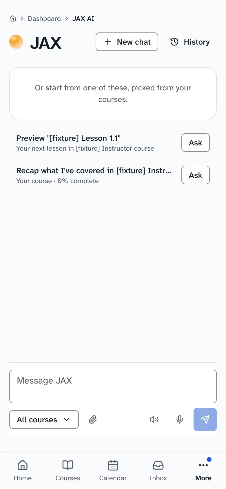 The JAX tutor page in Drivia Learn, with suggested questions from the learner's courses and a message box.