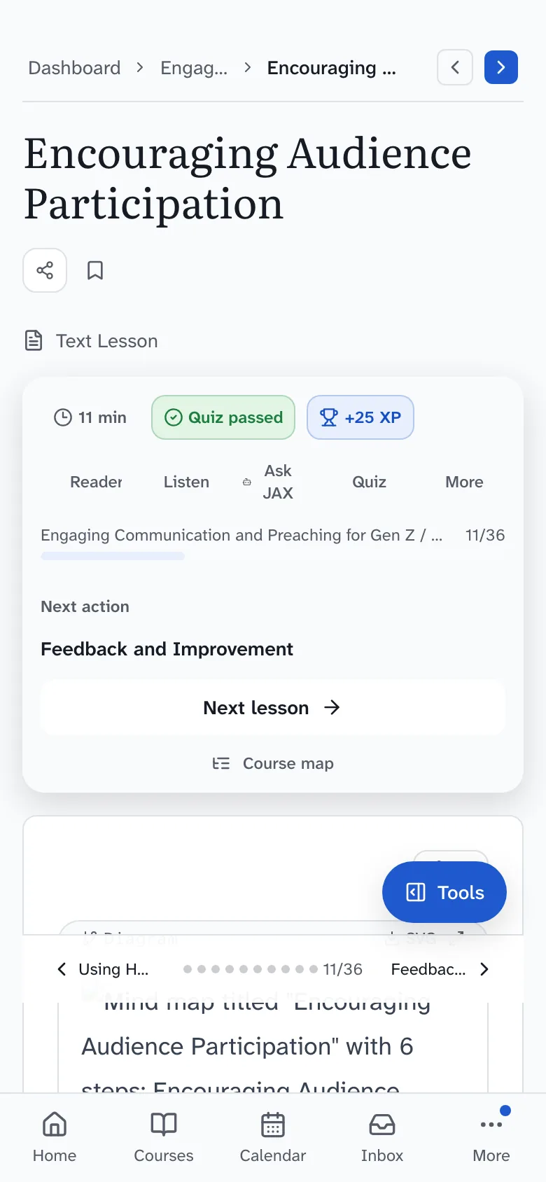 A lesson open in Drivia Learn, with the lesson title, its first section and the course map listing every lesson.