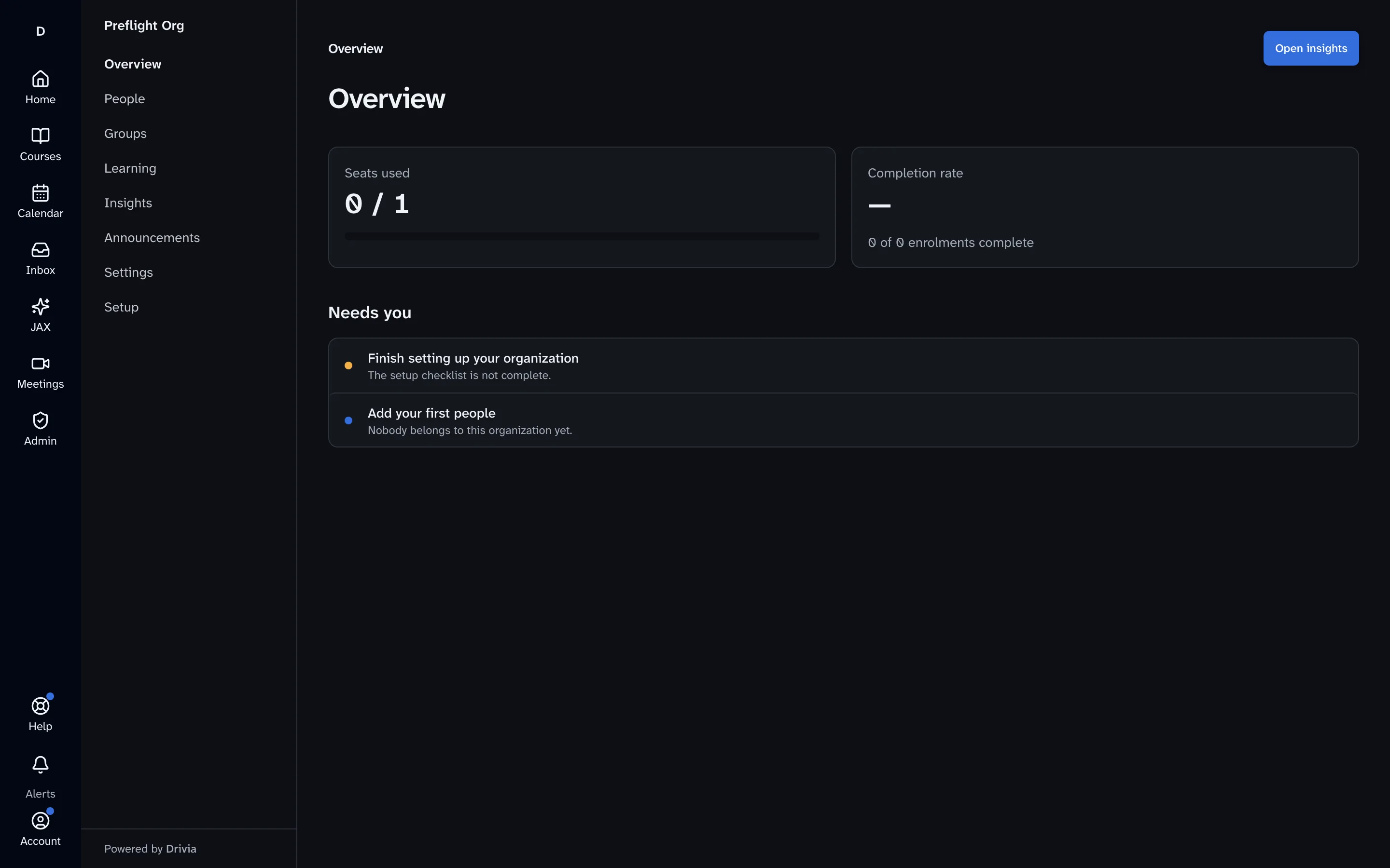 The organization overview in Drivia Learn, with seats used, completion rate and a Needs you list.