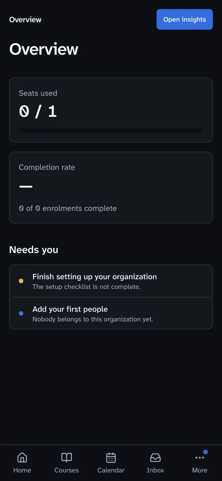The organization overview in Drivia Learn, with seats used, completion rate and a Needs you list.
