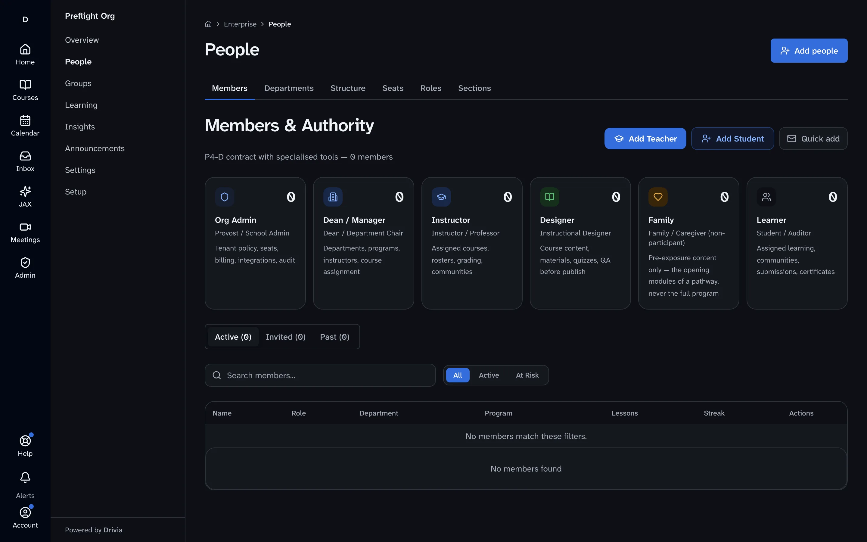 The People view of an organization in Drivia Learn, with Add Teacher and Add Student buttons and a card for each role.