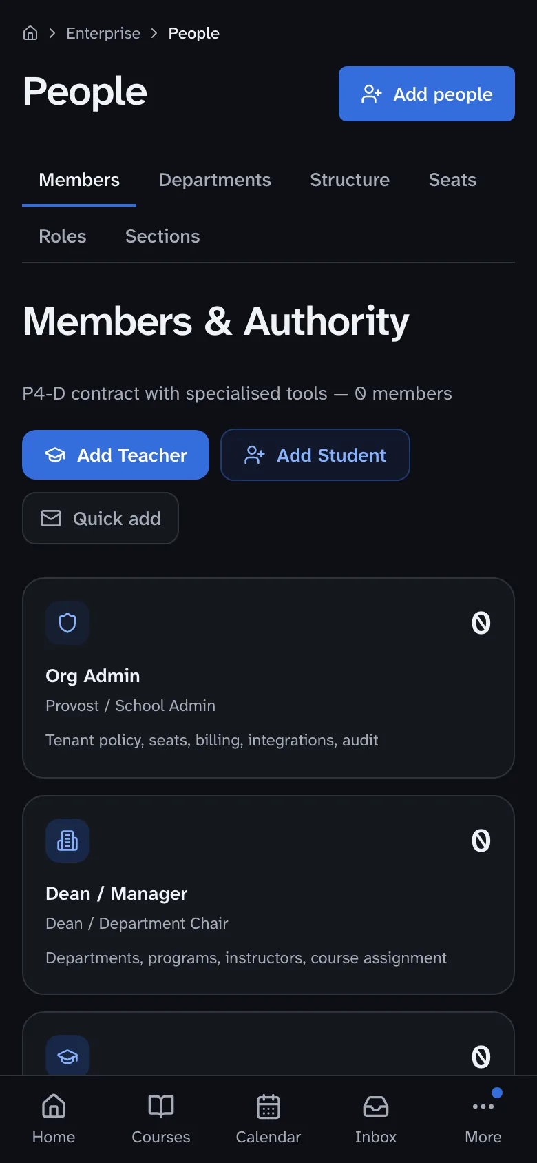 The People view of an organization in Drivia Learn, with Add Teacher and Add Student buttons and a card for each role.