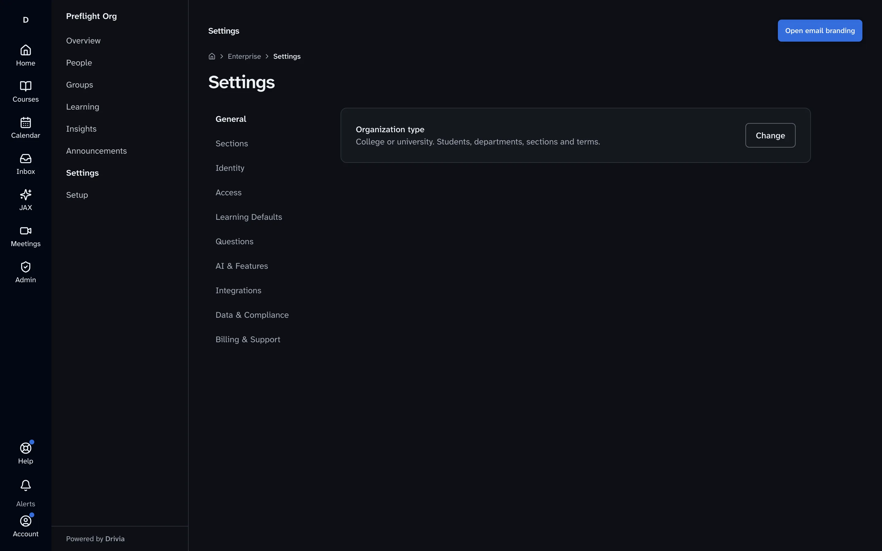 The organization settings page in Drivia Learn, with the organization type and a list of settings sections.