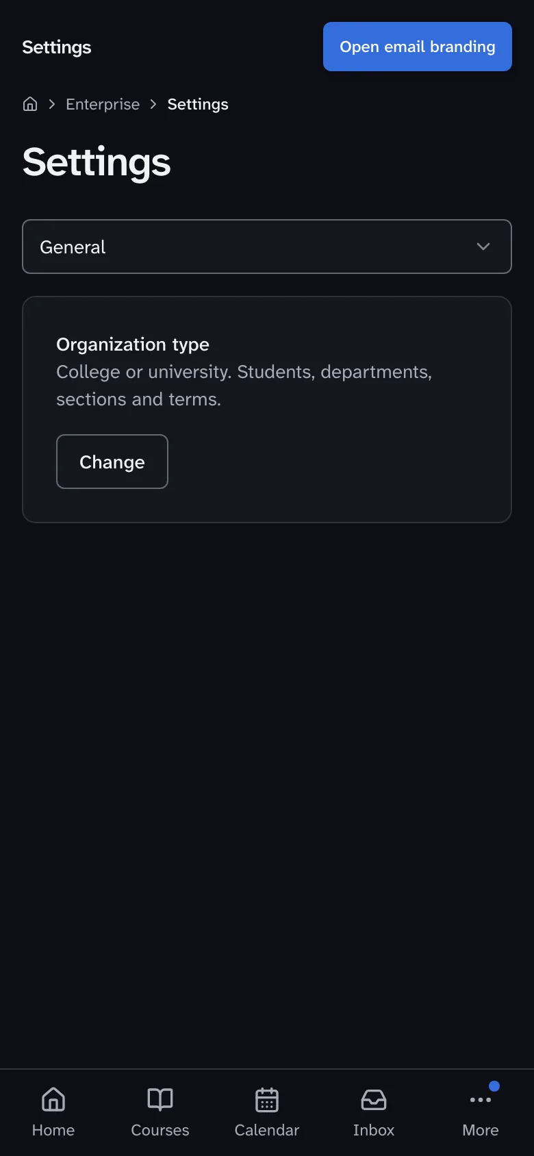 The organization settings page in Drivia Learn, with the organization type and a list of settings sections.